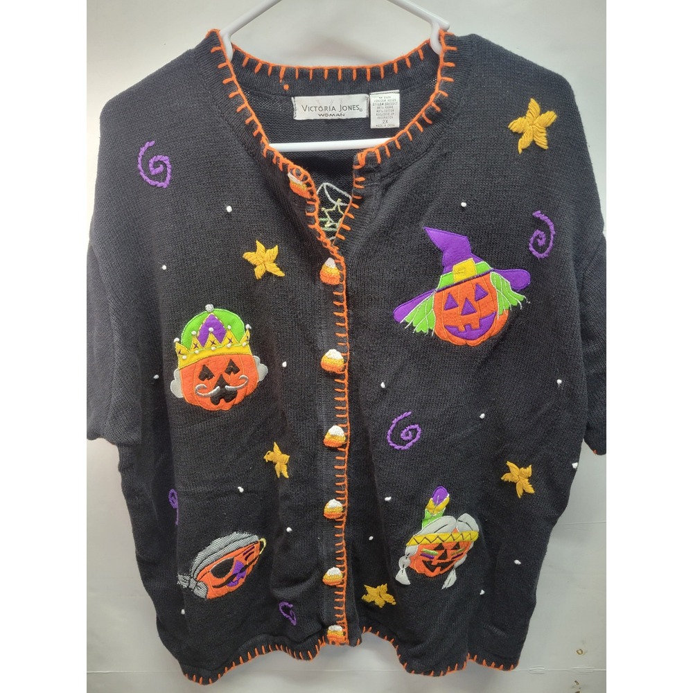 Victoria Jones Woman 2X Halloween Cardigan Sweater Pumpkin Embroidered Knit‎